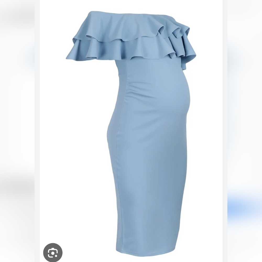 Maternity Boohoo Blue Off-Shoulder Sheath Dress with Ruffled Overlay
